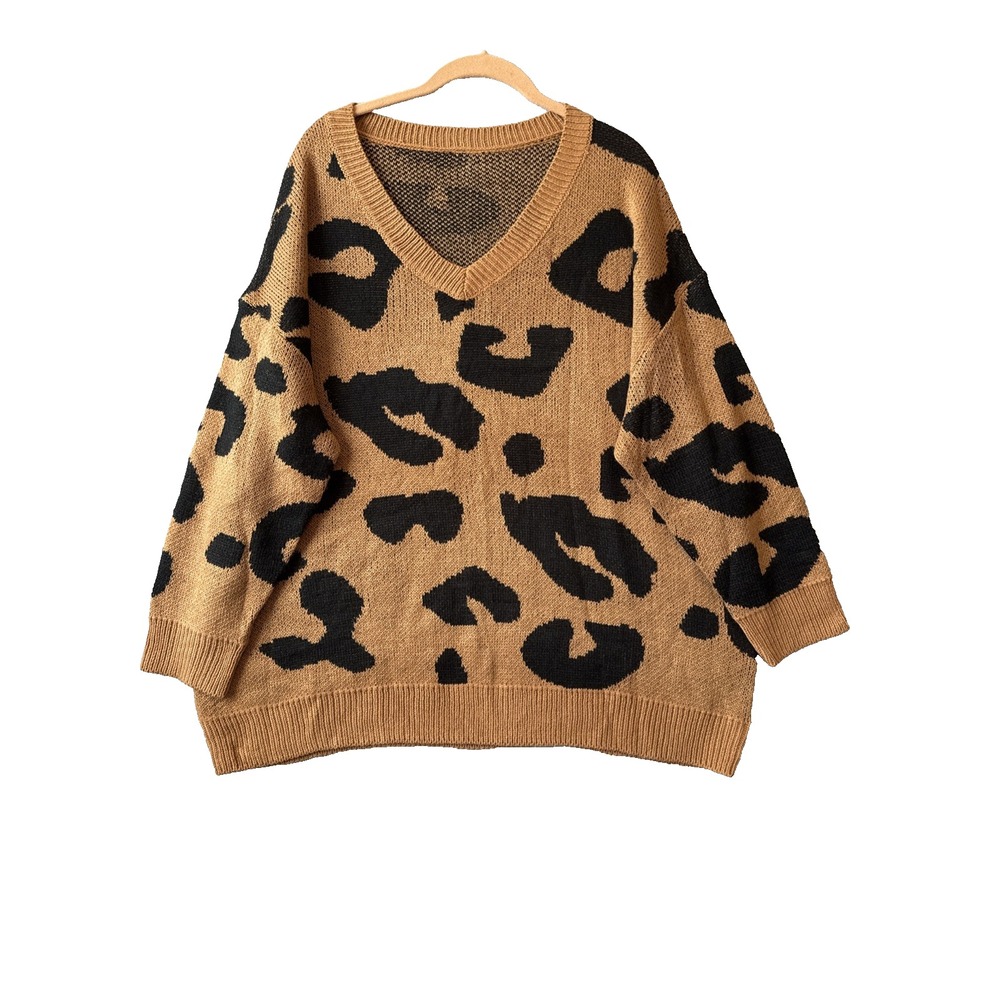 Leopard Print Oversized V Neck Pullover Sweater 1XL Lightweight Boho Slouchy